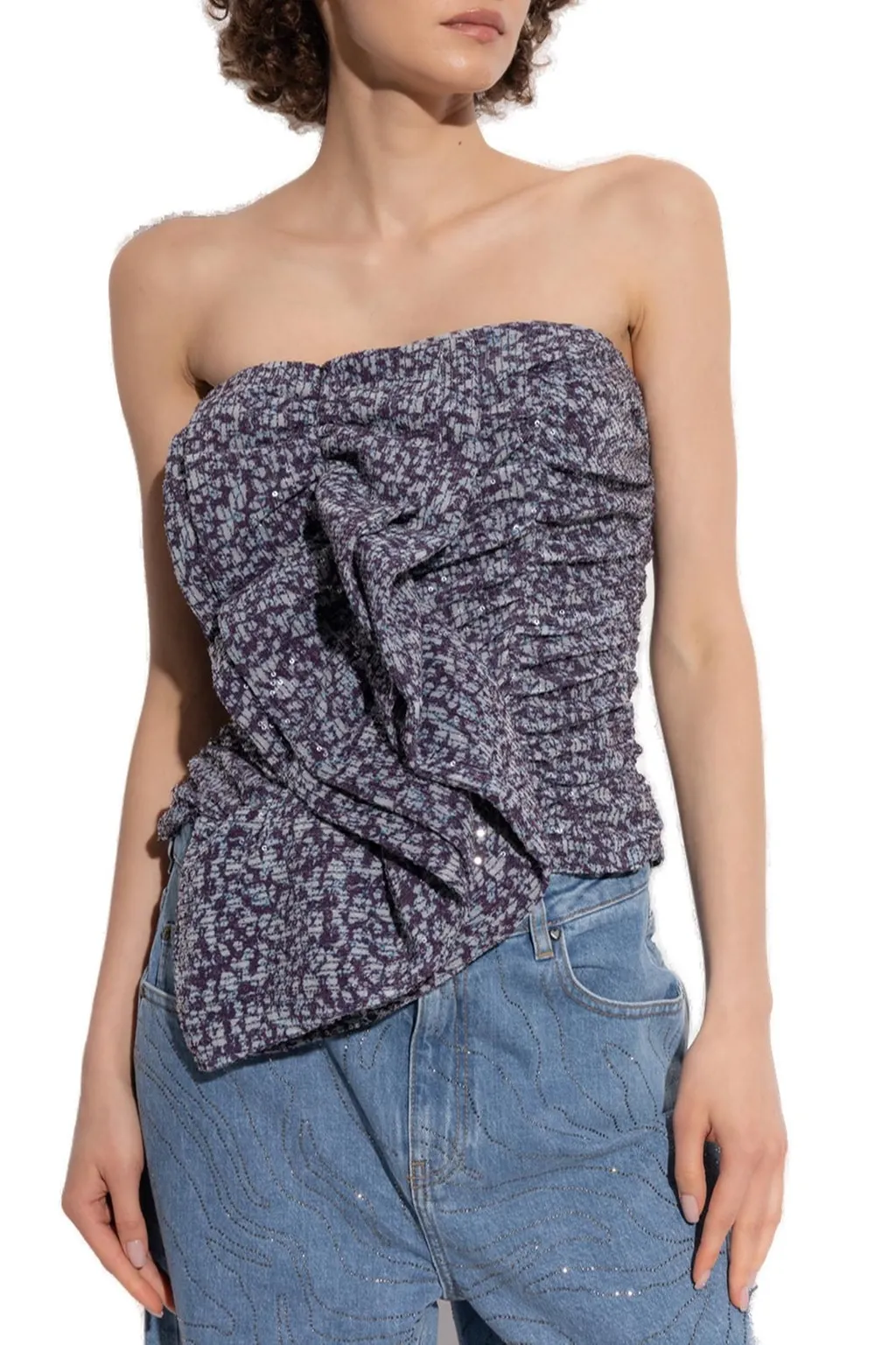 Rotate Asymmetric Hem Ruched Strapless Top
