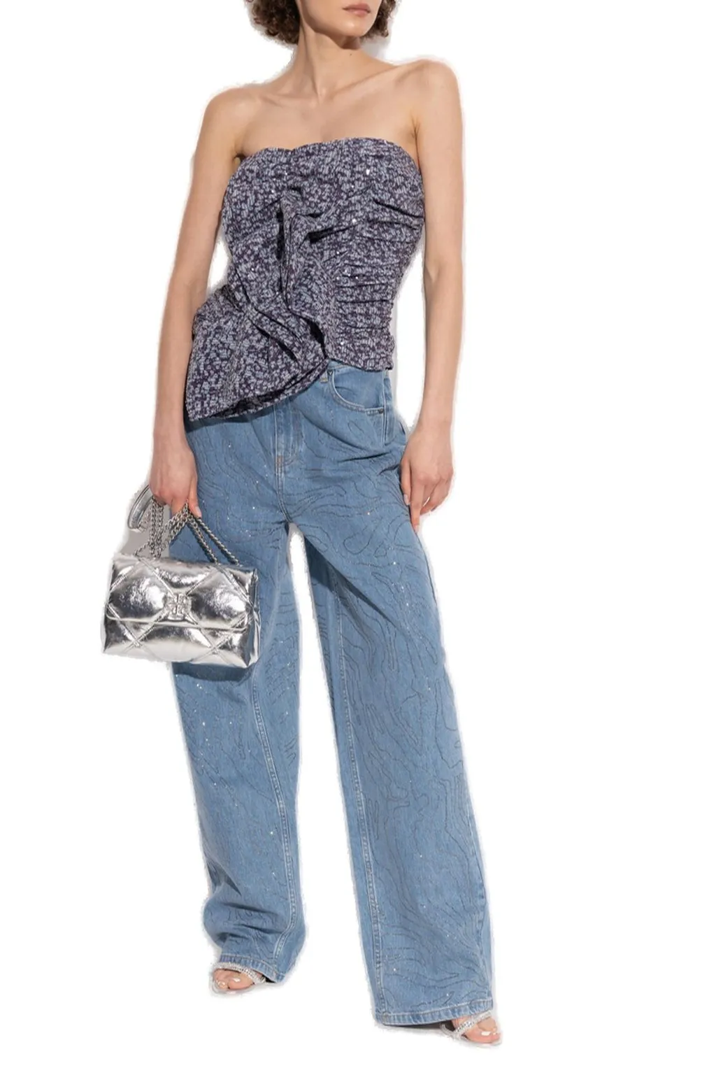 Rotate Asymmetric Hem Ruched Strapless Top