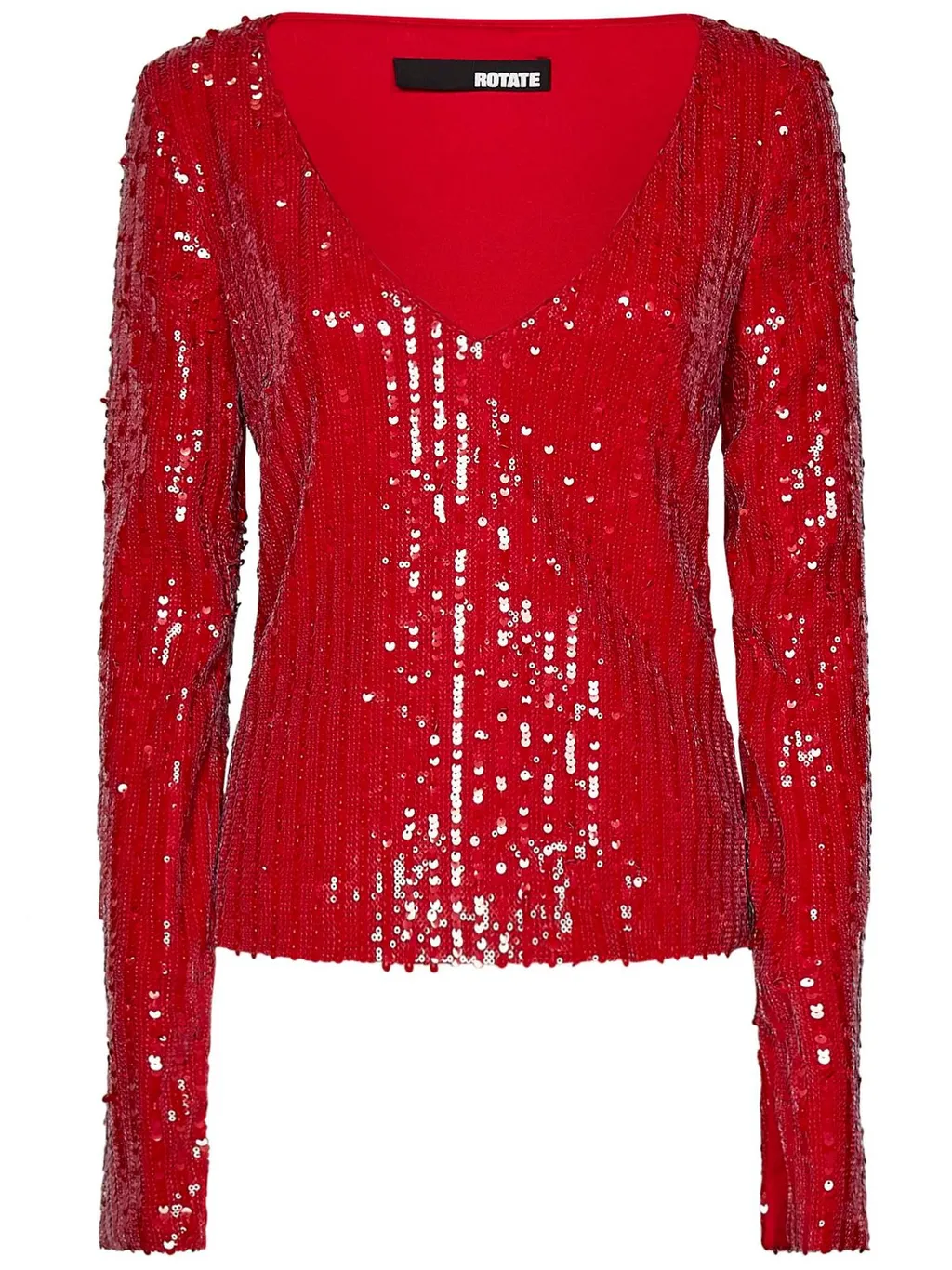 Rotate Sequin-Detailed Long-Sleeved V-Neck Top