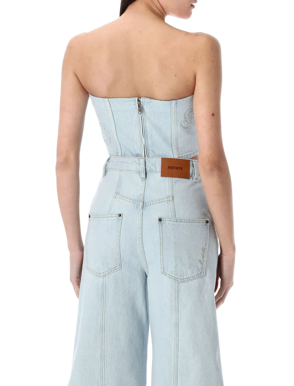 Rotate Denim Cropped Embellished Top