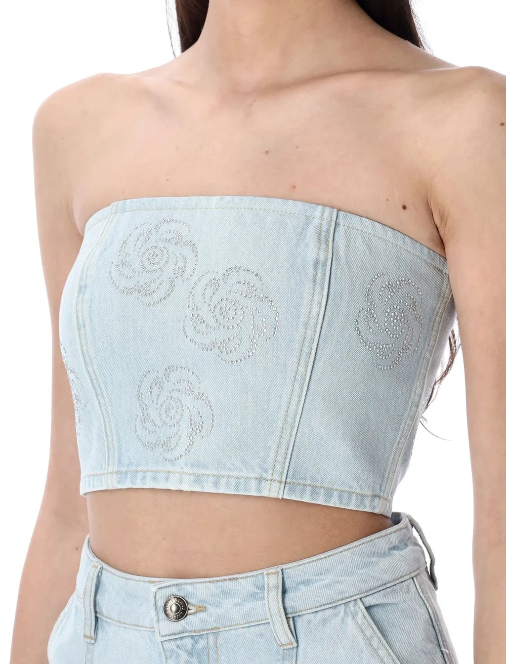 Rotate Denim Cropped Embellished Top