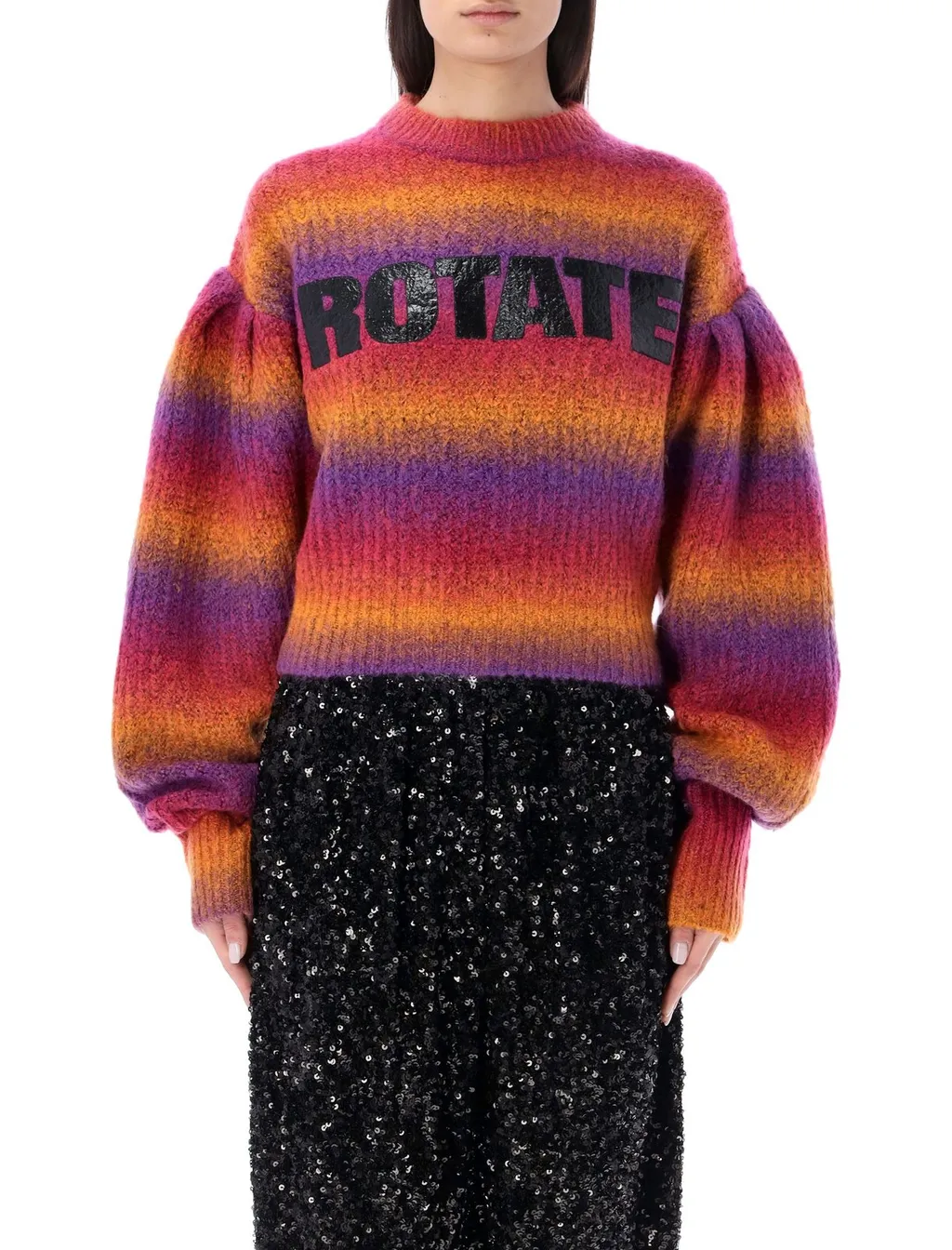 Rotate Logo Printed Striped Puff-Sleeved Sweater