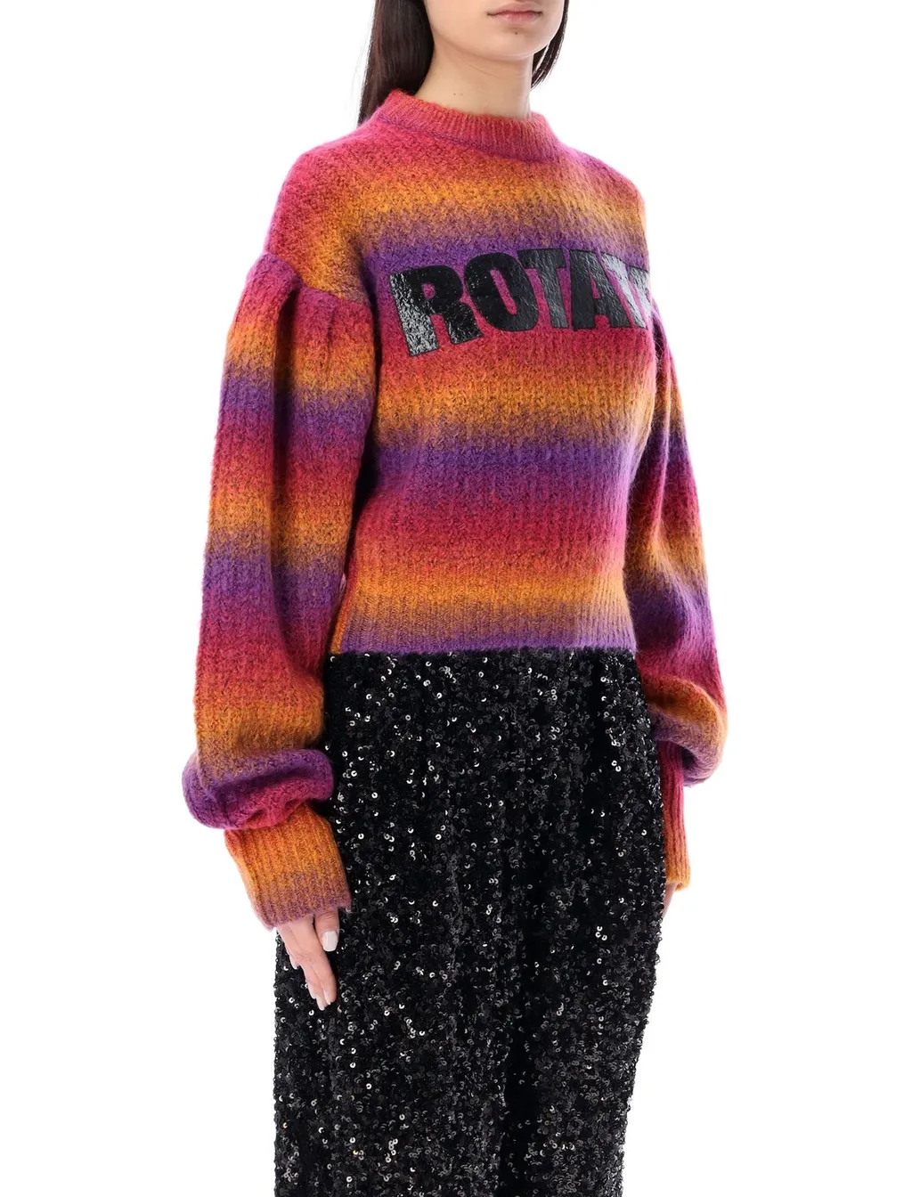 Rotate Logo Printed Striped Puff-Sleeved Sweater