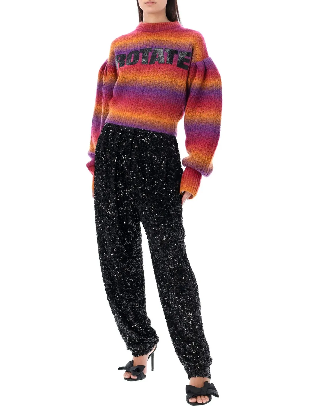 Rotate Logo Printed Striped Puff-Sleeved Sweater