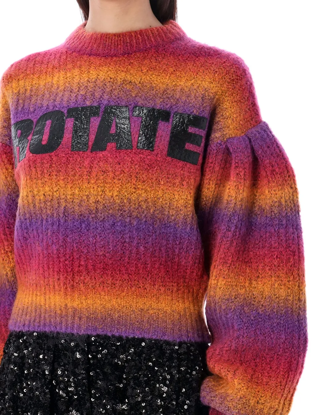 Rotate Logo Printed Striped Puff-Sleeved Sweater