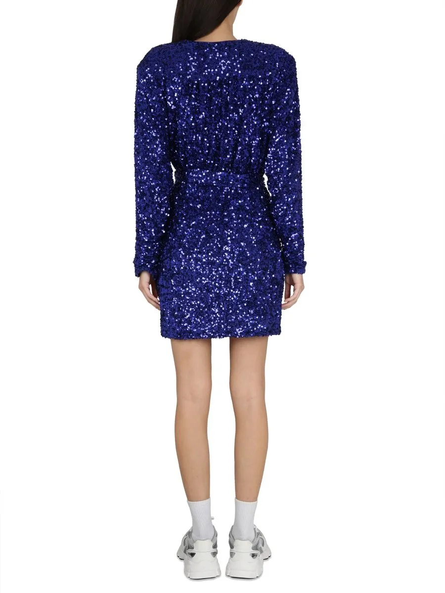Rotate Sequined Long Sleeved Wrapped Dress