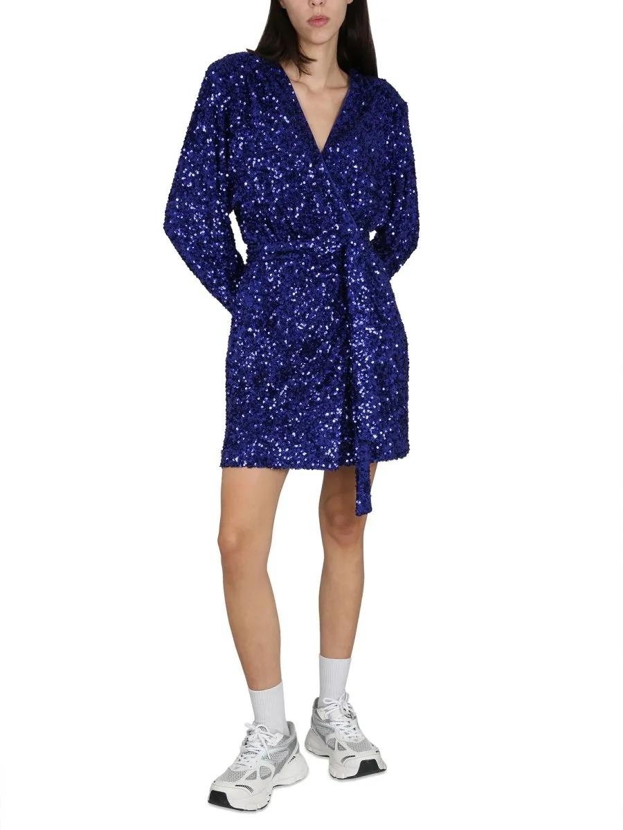 Rotate Sequined Long Sleeved Wrapped Dress