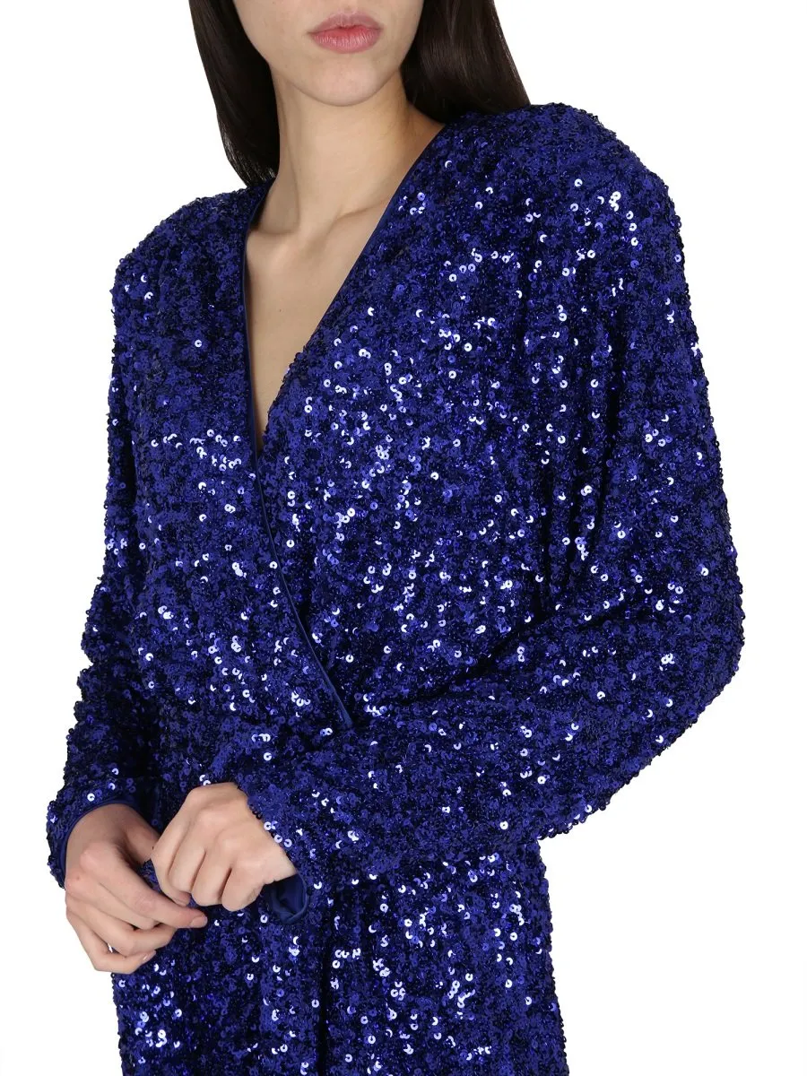 Rotate Sequined Long Sleeved Wrapped Dress