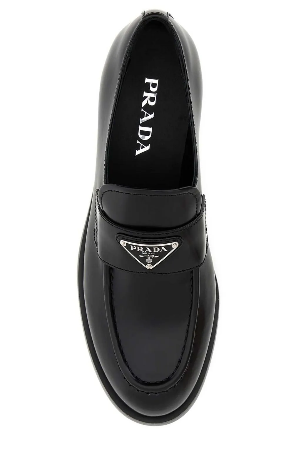 Prada Logo Plaque Almond-Toe Loafers