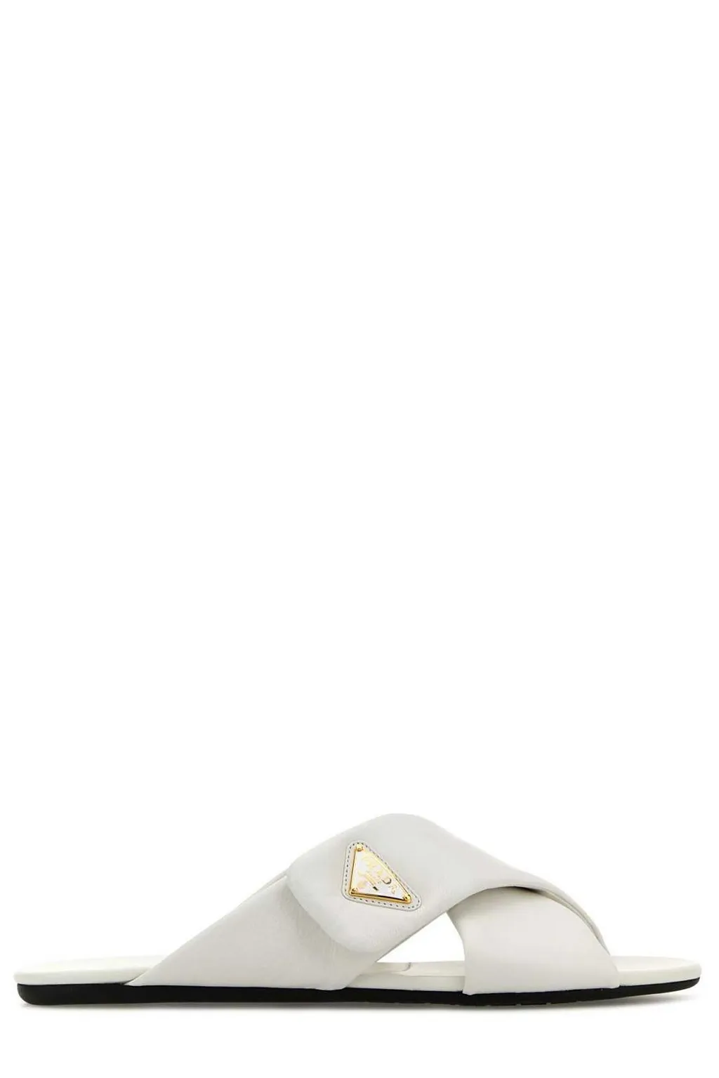 Prada Logo Plaque Crossover Strap Detailed Slides