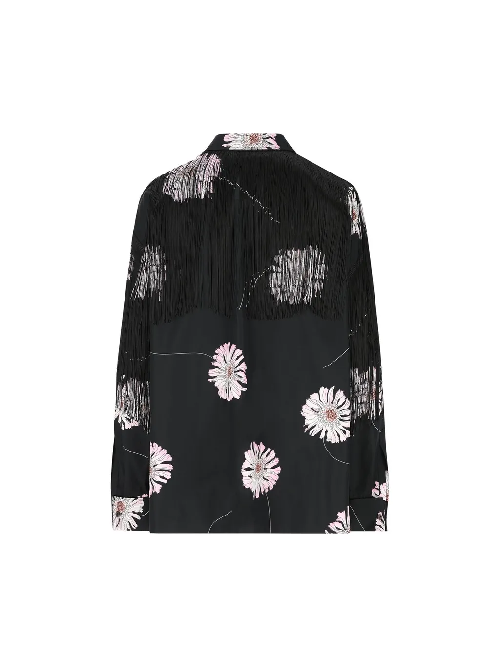 Prada Rose-Printed Long-Sleeved Fringed Shirt