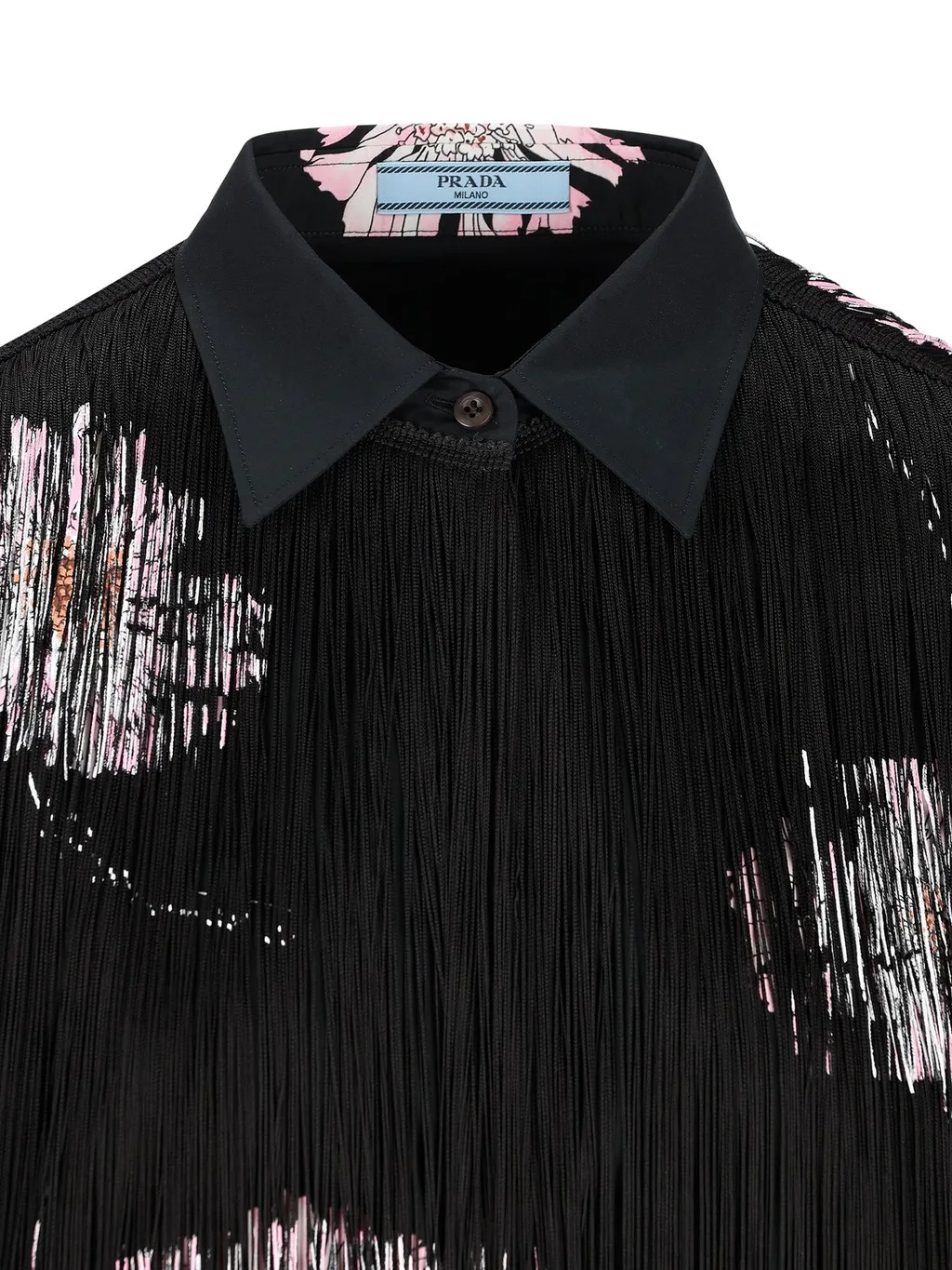 Prada Rose-Printed Long-Sleeved Fringed Shirt