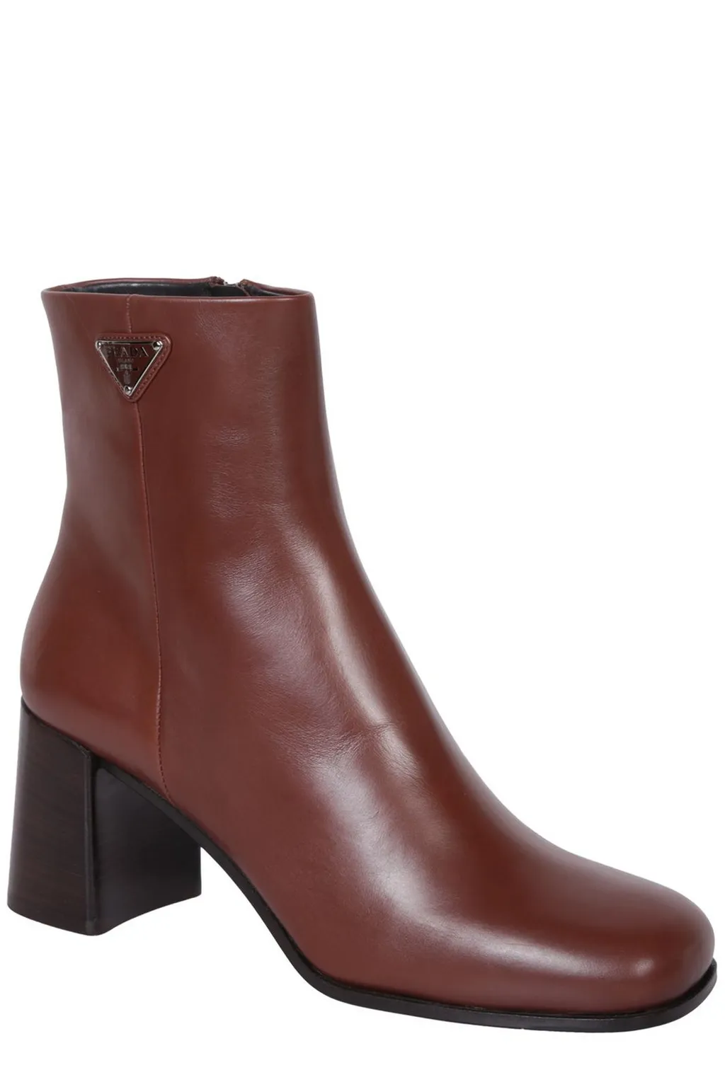 Prada High Block Heel Logo Plaque Ankle Boots