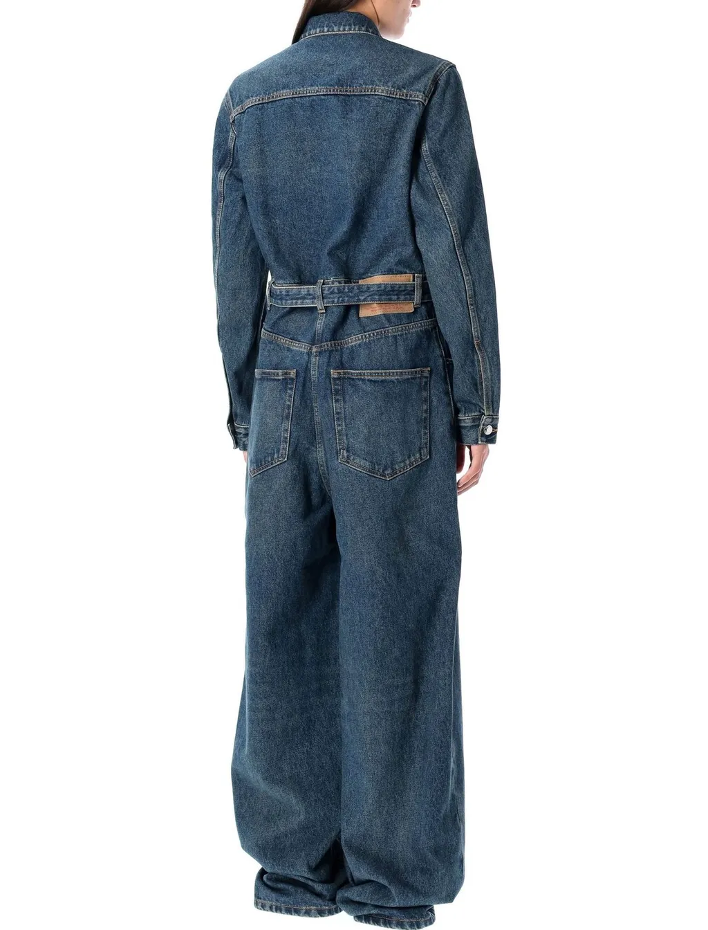 Prada Long Sleeved Belted Denim Jumpsuit