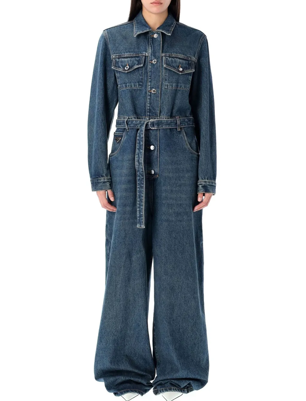 Prada Long Sleeved Belted Denim Jumpsuit