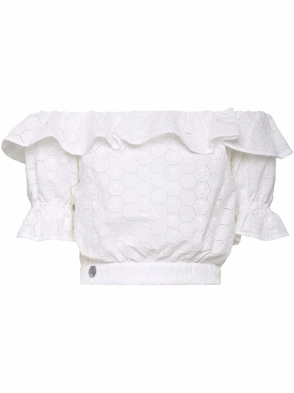 Philipp Plein Off-Shoulder Ruffled Lace Blouse