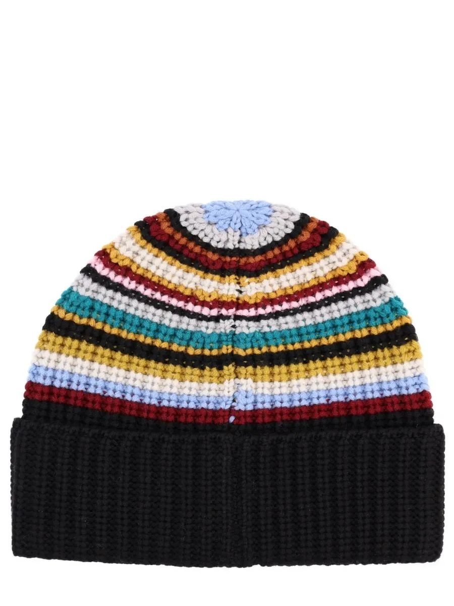 Paul Smith Logo Patch Striped Ribbed Beanie