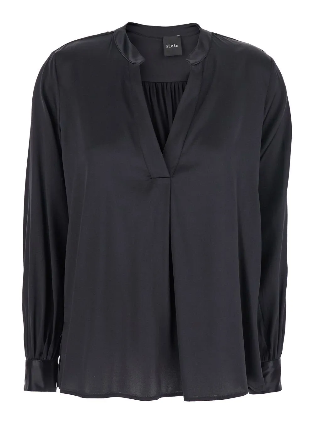 Plain V-Neck Buttoned-Cuff Blouse