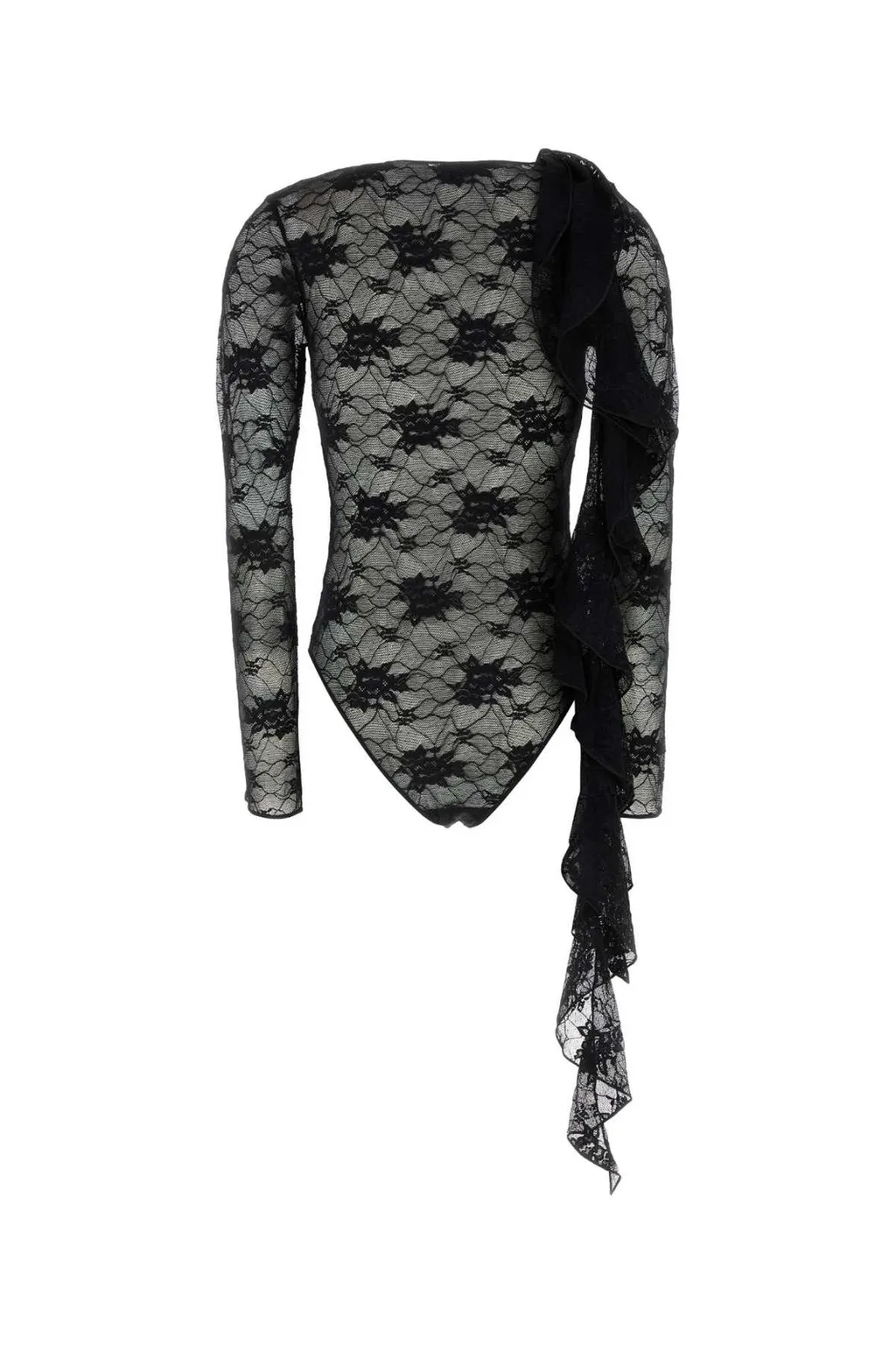 OsÉRee Attached Scarf Floral Lace Volant Bodysuit