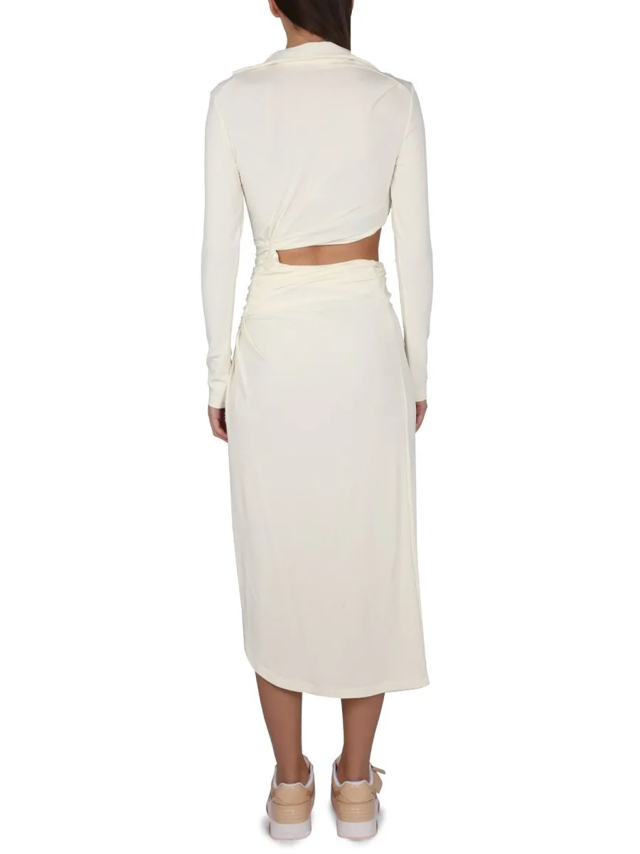 Off-White Ruched Long-Sleeved Dress