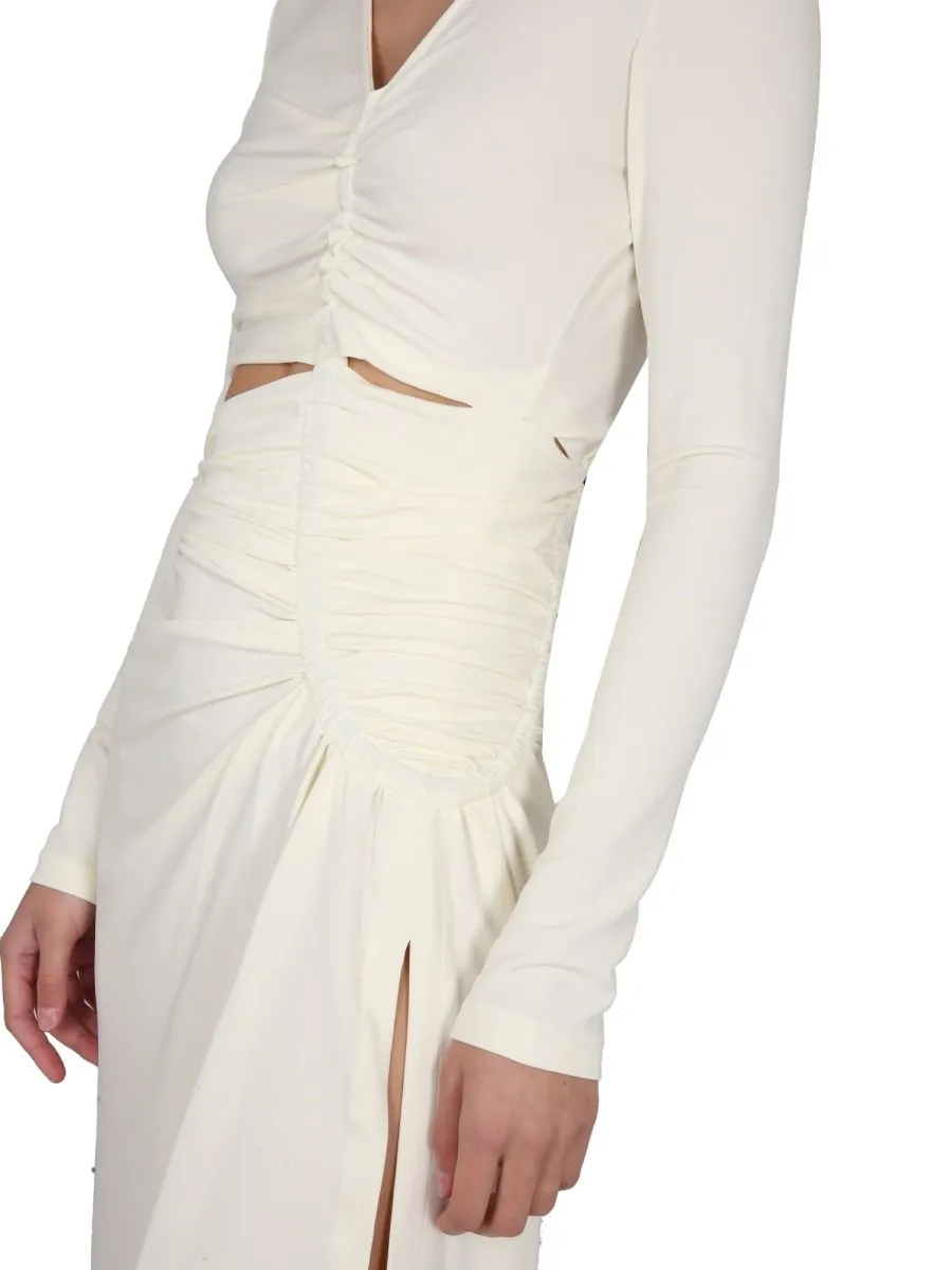 Off-White Ruched Long-Sleeved Dress