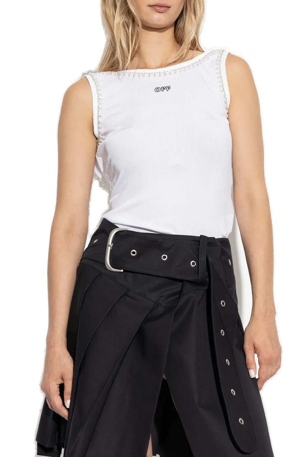 Off-White Embellished Sleeveless Ribbed Top