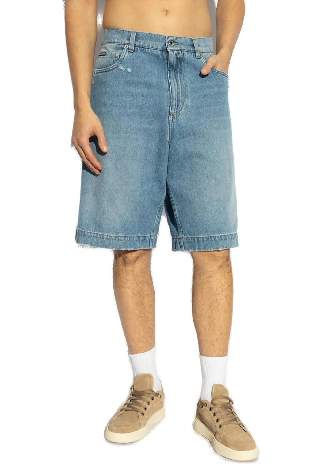 Dolce & Gabbana Logo Plaque Distressed Denim Shorts