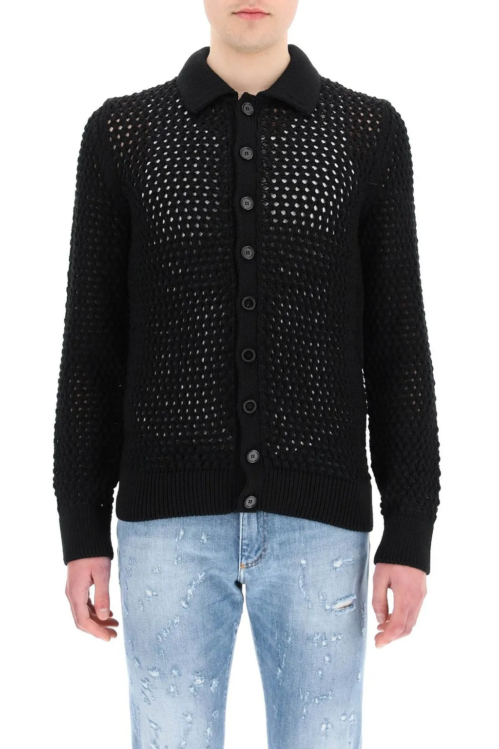 Dolce & Gabbana Mesh-Stitch Polo-Style Cardigan