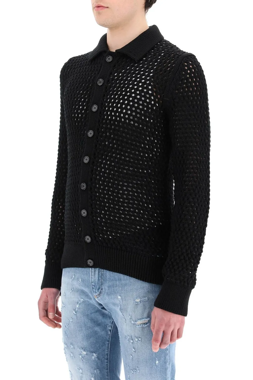 Dolce & Gabbana Mesh-Stitch Polo-Style Cardigan
