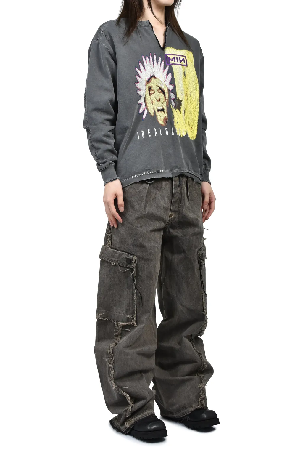 Cut Off Slash Seam Twist Cargo Jeans / Dust Gry