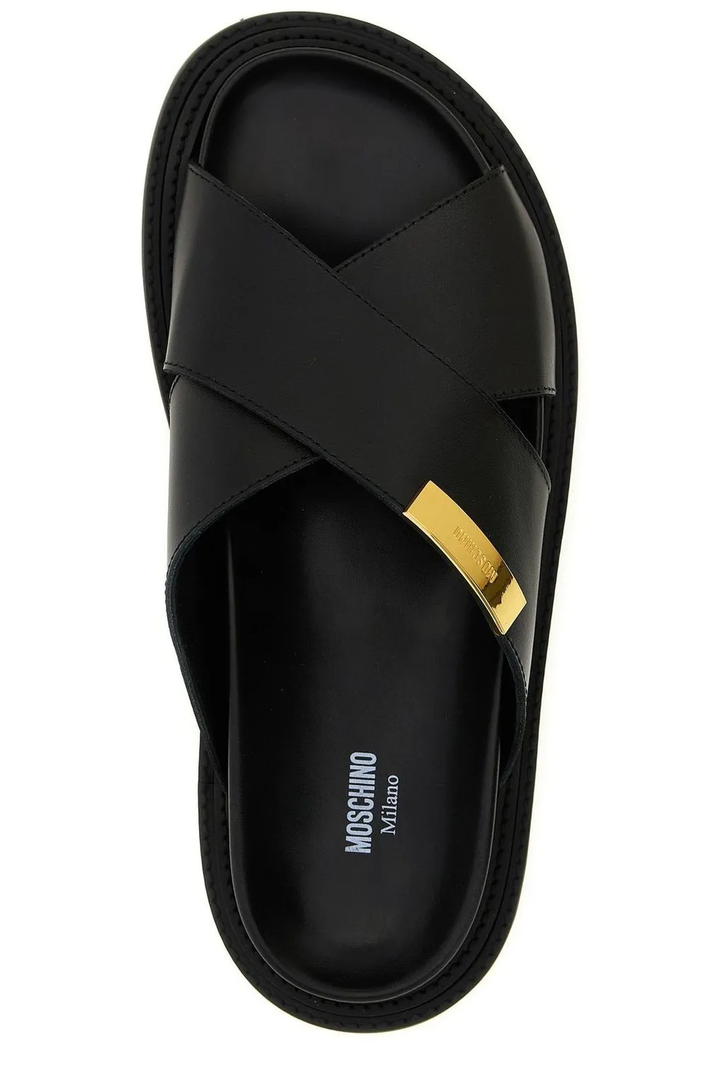 Moschino Logo Plaque Cross-Strap Sandals