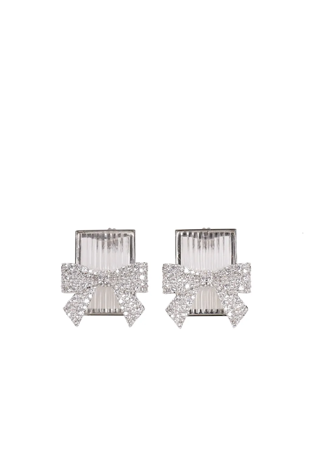 Bow-Adorned Square Glass Stud Earrings / Wht