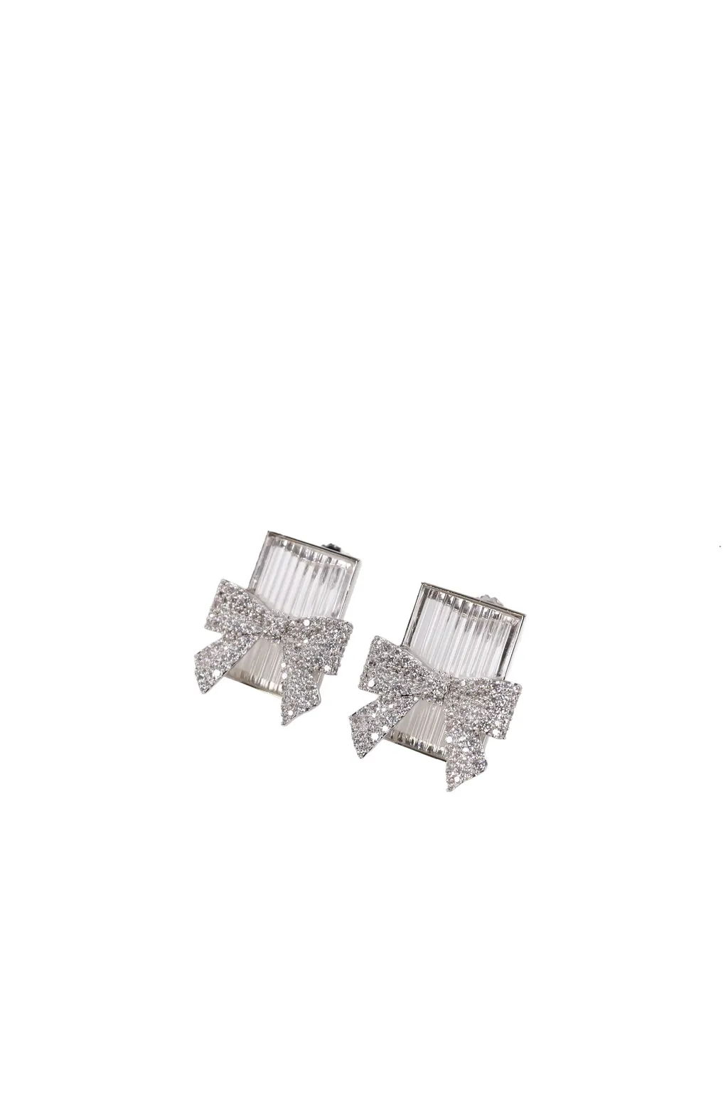 Bow-Adorned Square Glass Stud Earrings / Wht