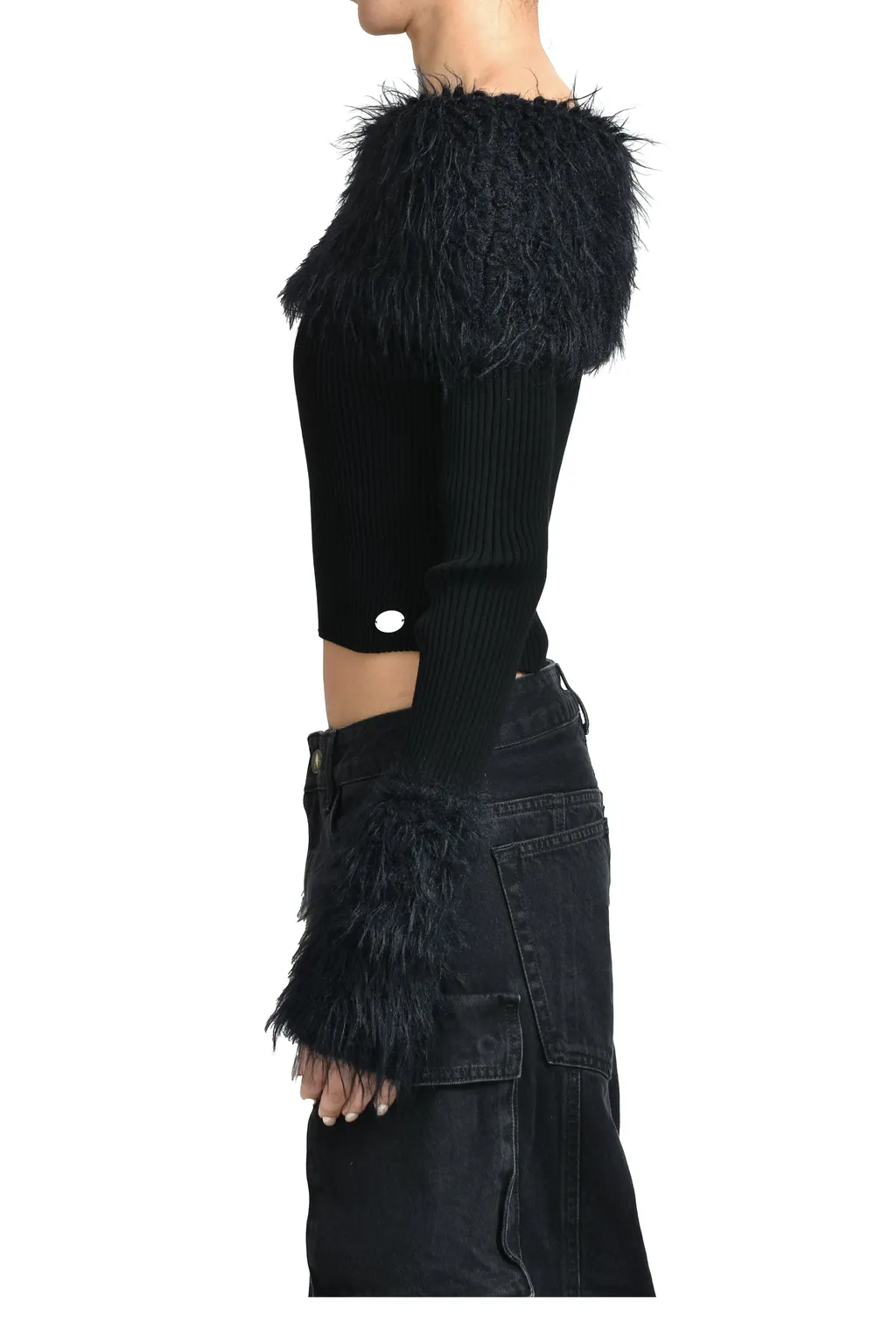 Mix Viscose Ribbed And Hairy Details Sweater / Blk