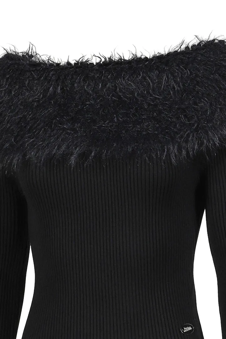 Mix Viscose Ribbed And Hairy Details Sweater / Blk