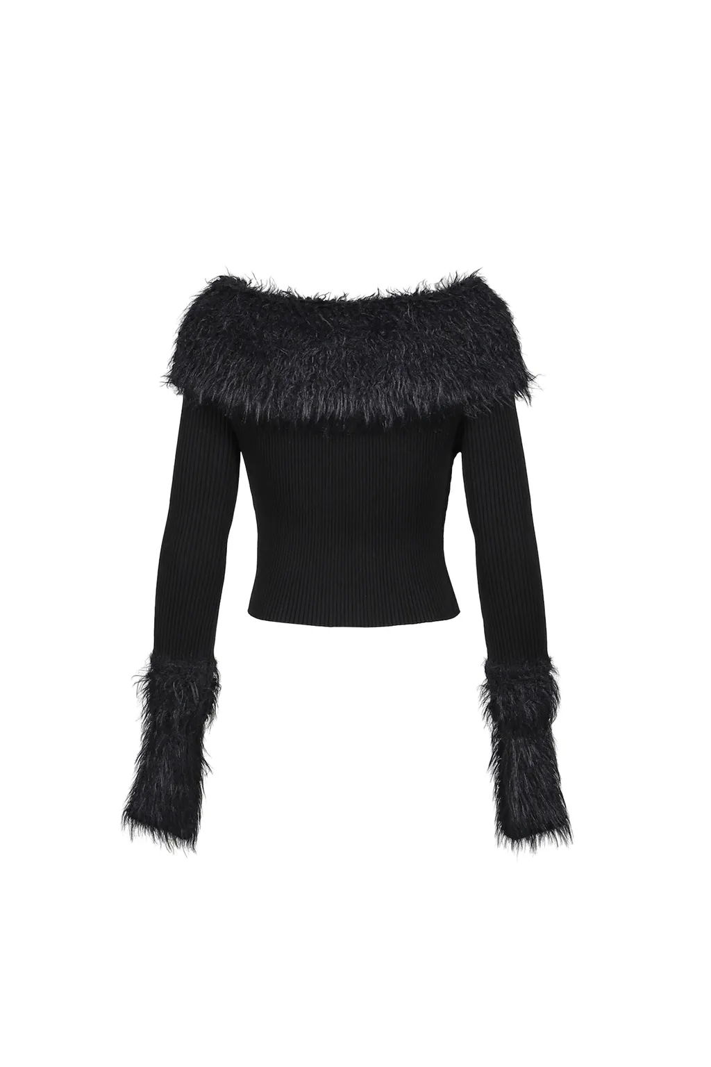 Mix Viscose Ribbed And Hairy Details Sweater / Blk