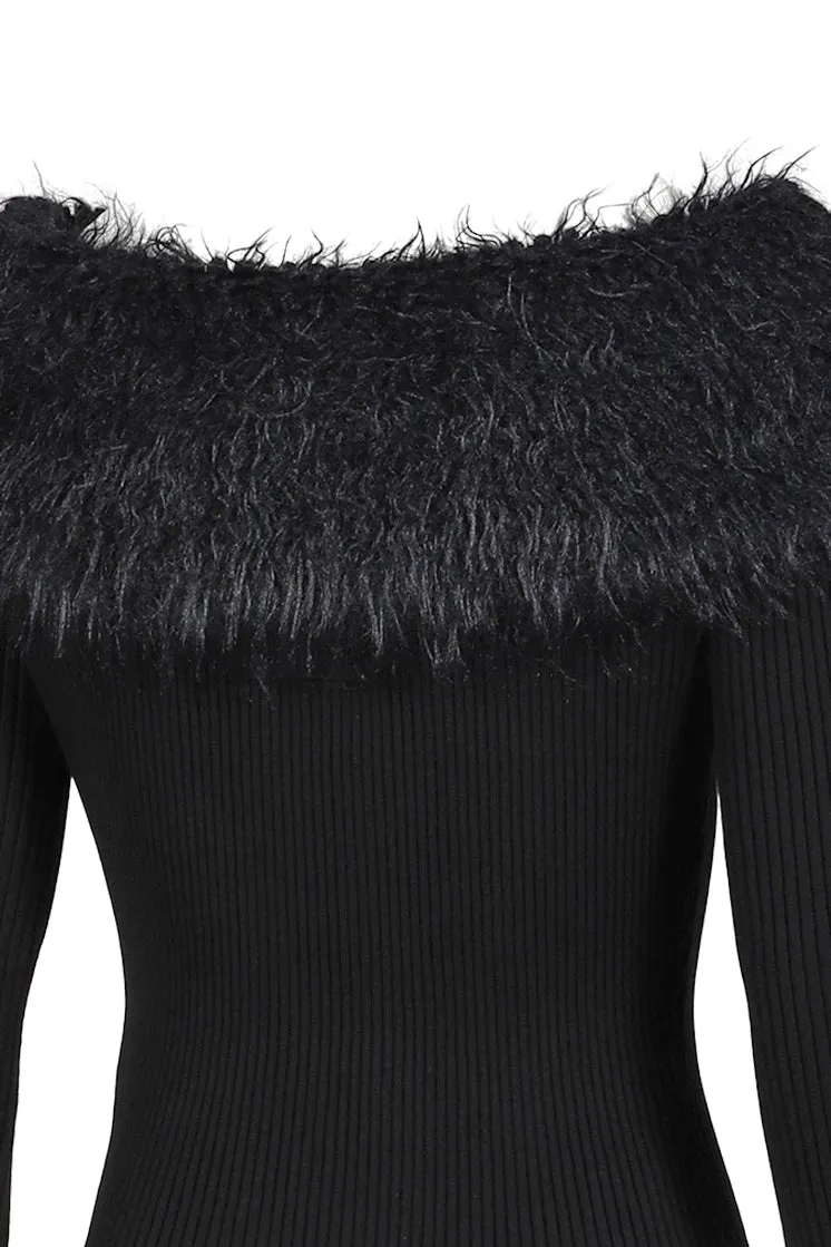 Mix Viscose Ribbed And Hairy Details Sweater / Blk