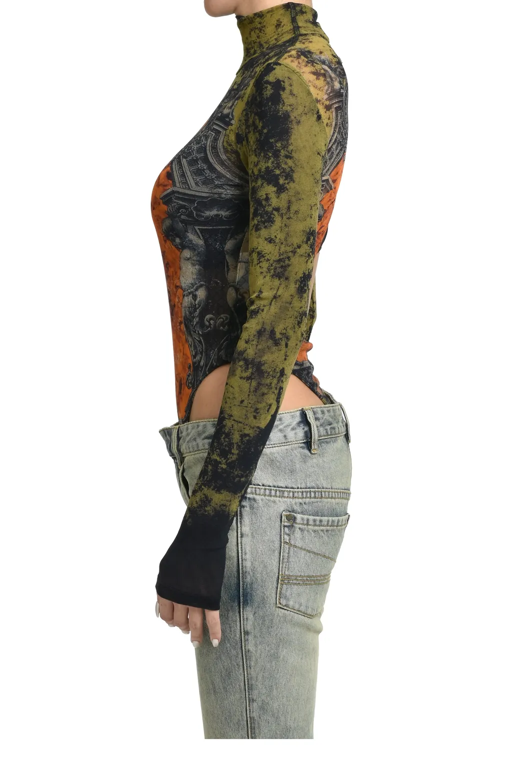 Mesh Body With Open Back Printed / Blk/Kha/Org M_Daillon