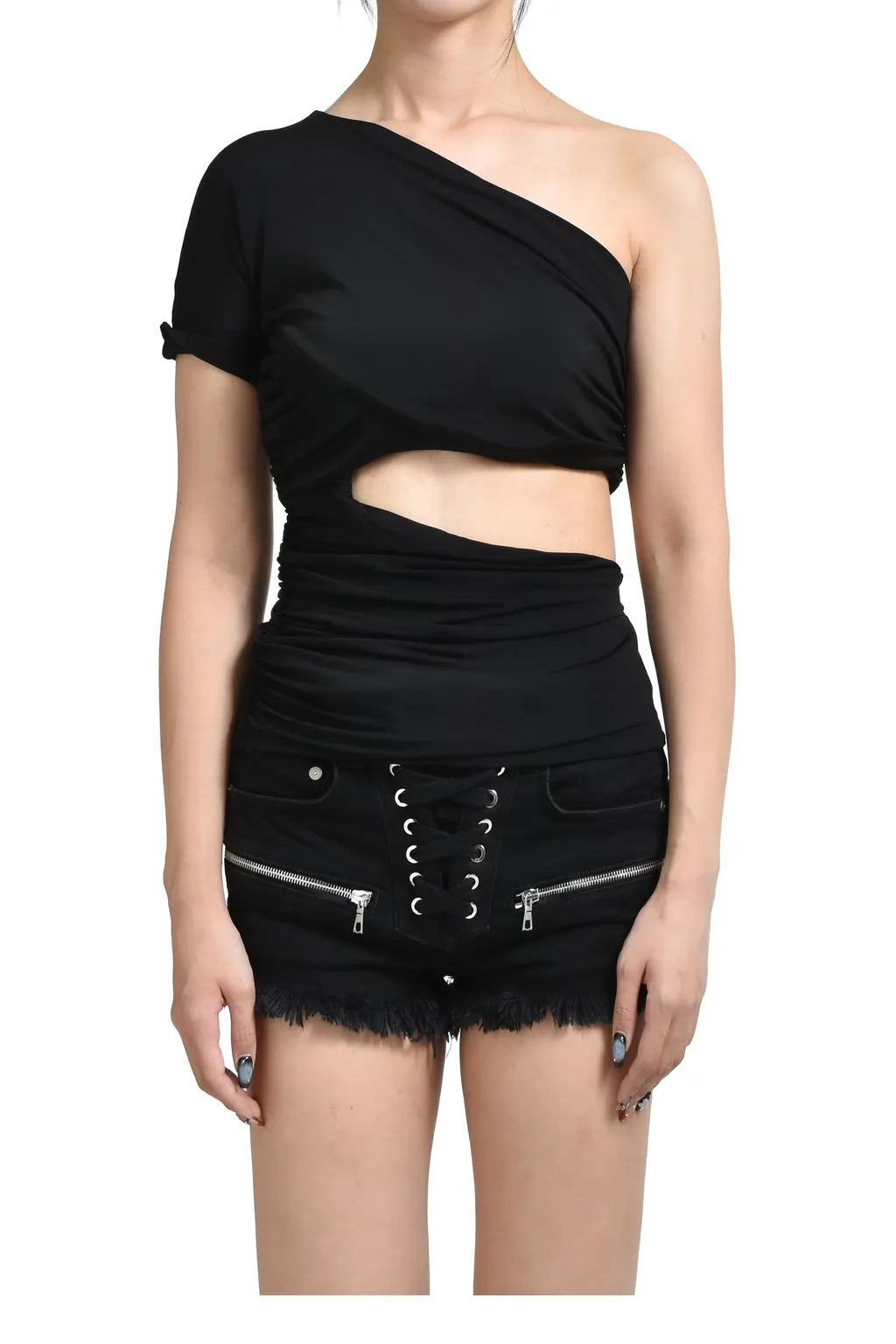 One Shoulder Wrap Tee / Black