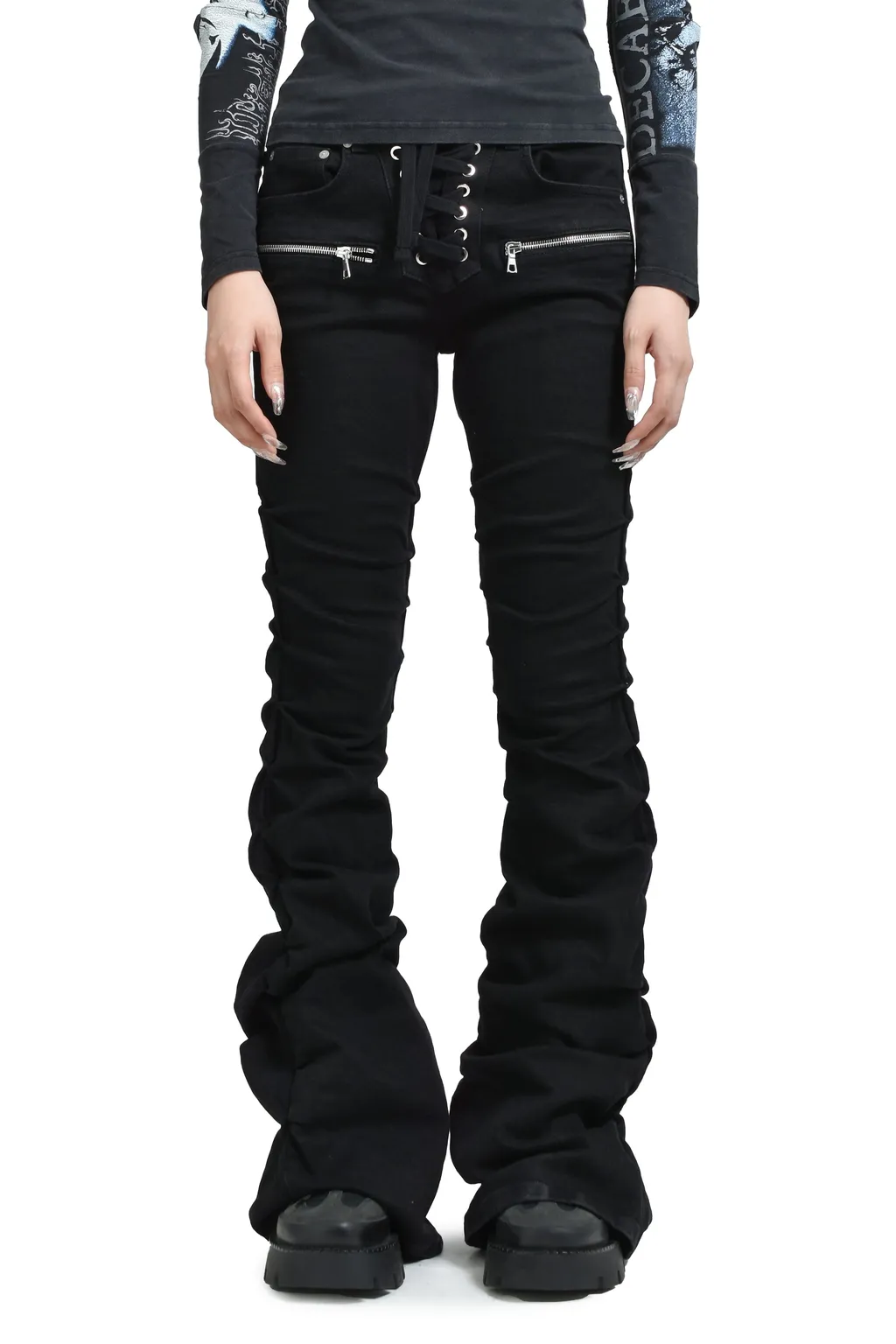 High Waist Lace Up Flare / Blk