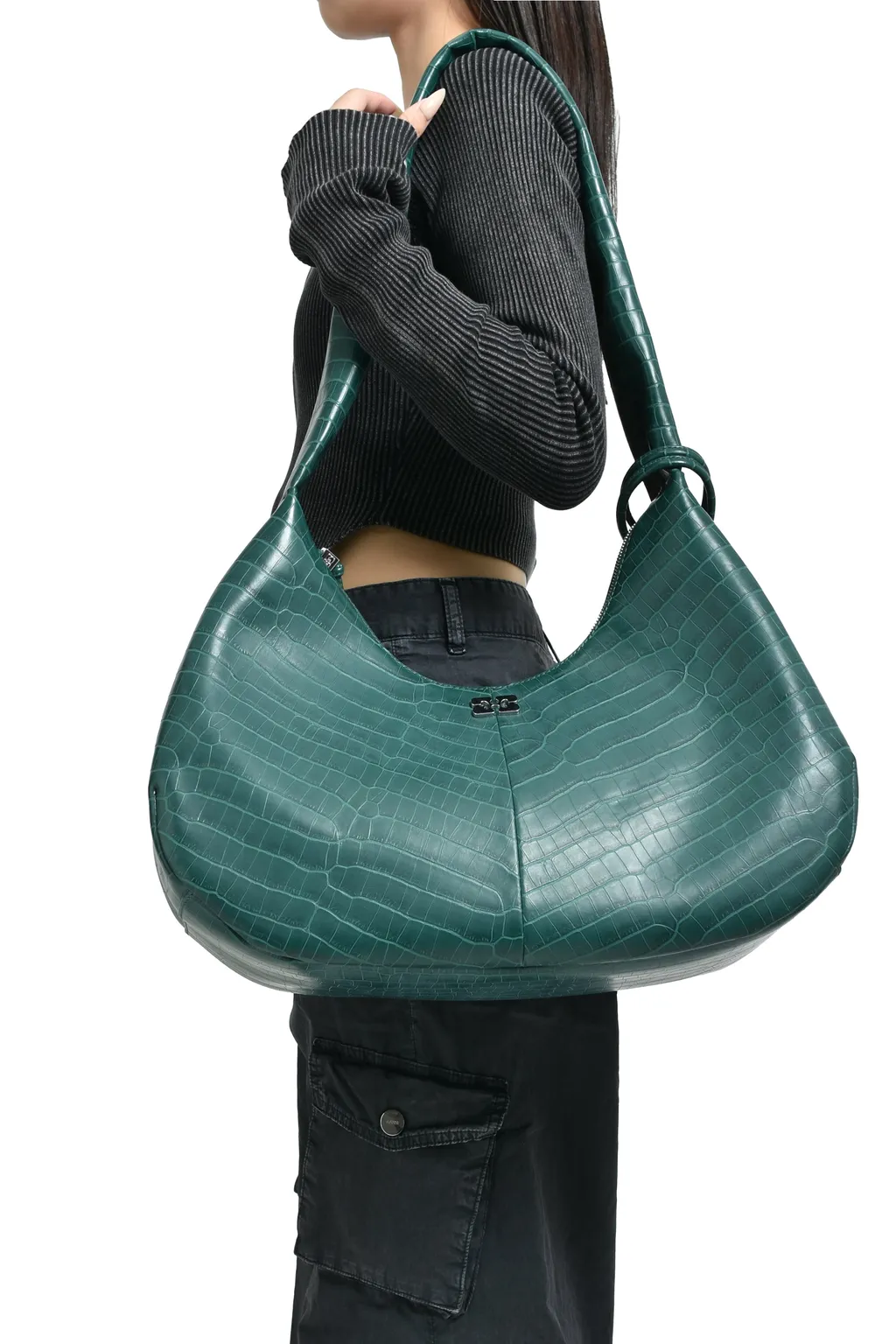 Ganni Bou Bag Hobo Medium Croco / Pineneedle