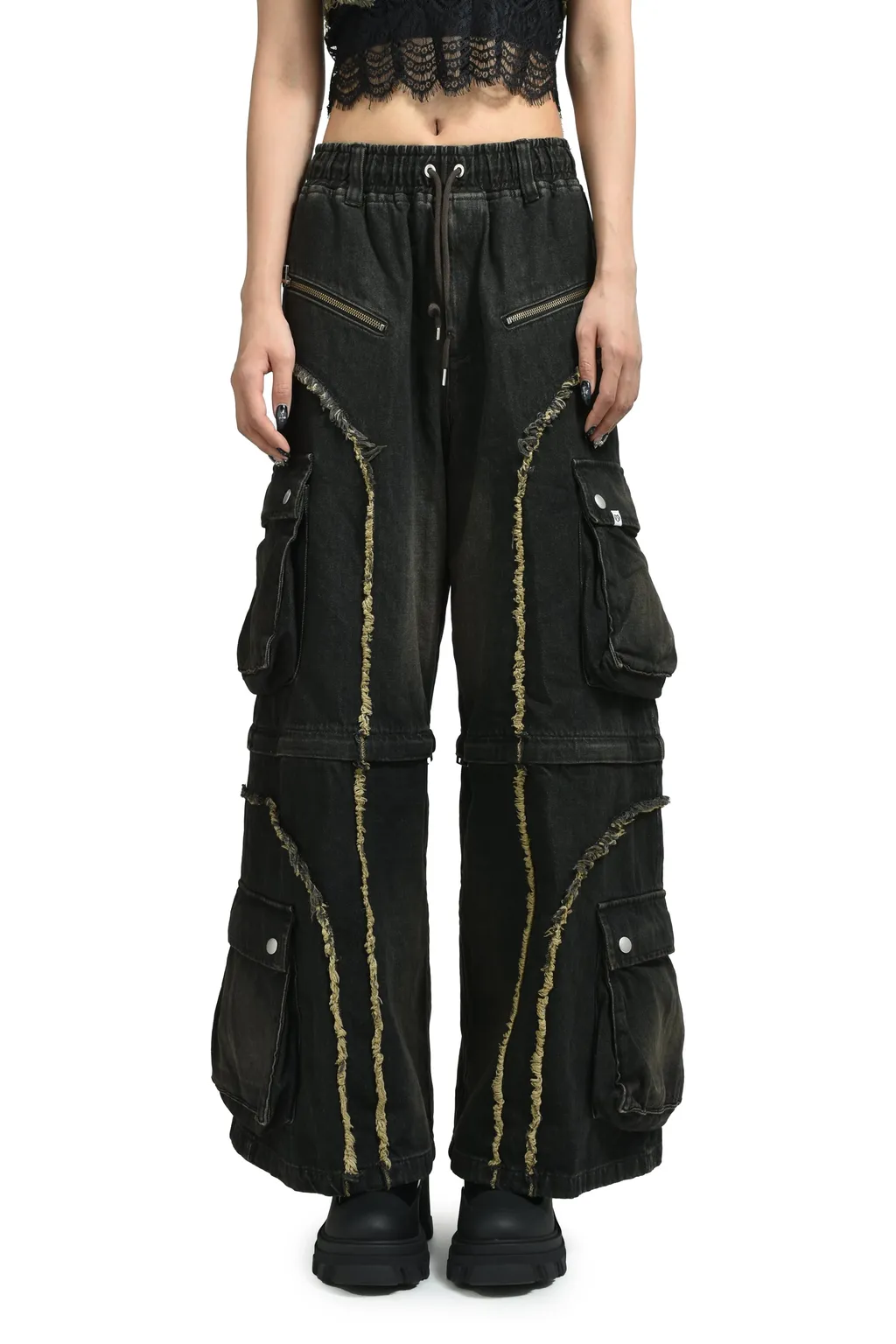 Split Denim Cargo Pants / Black