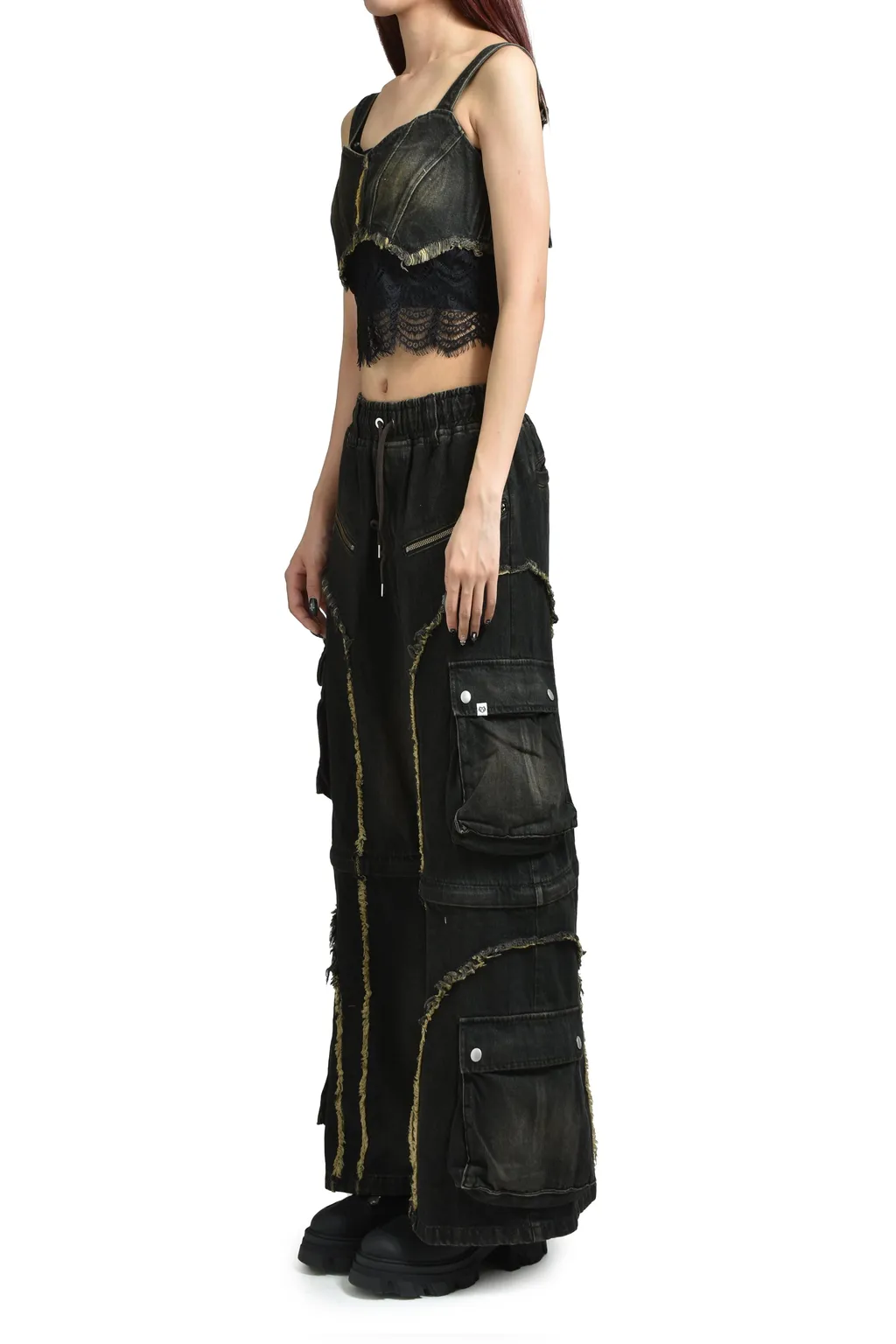 Split Denim Cargo Pants / Black