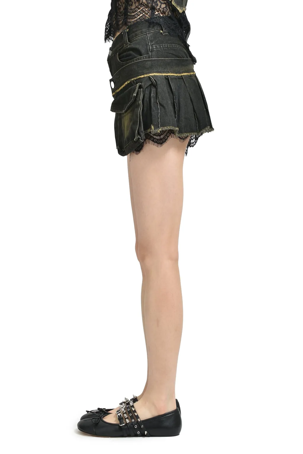Denim Lace Combi Shortpants / Blk