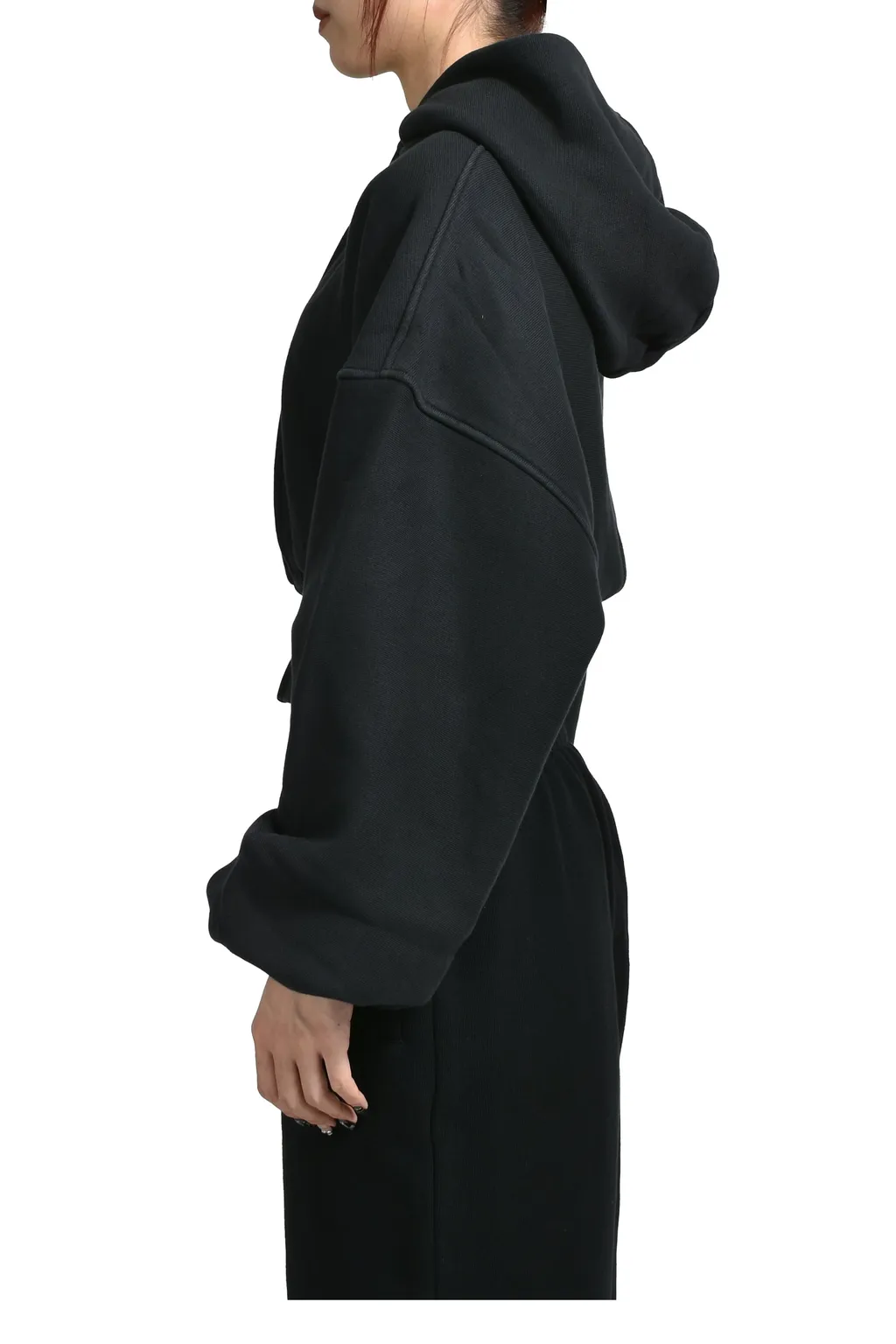 Cropped Zip Up Hoodie With Branded Seam Label / Faded Blk