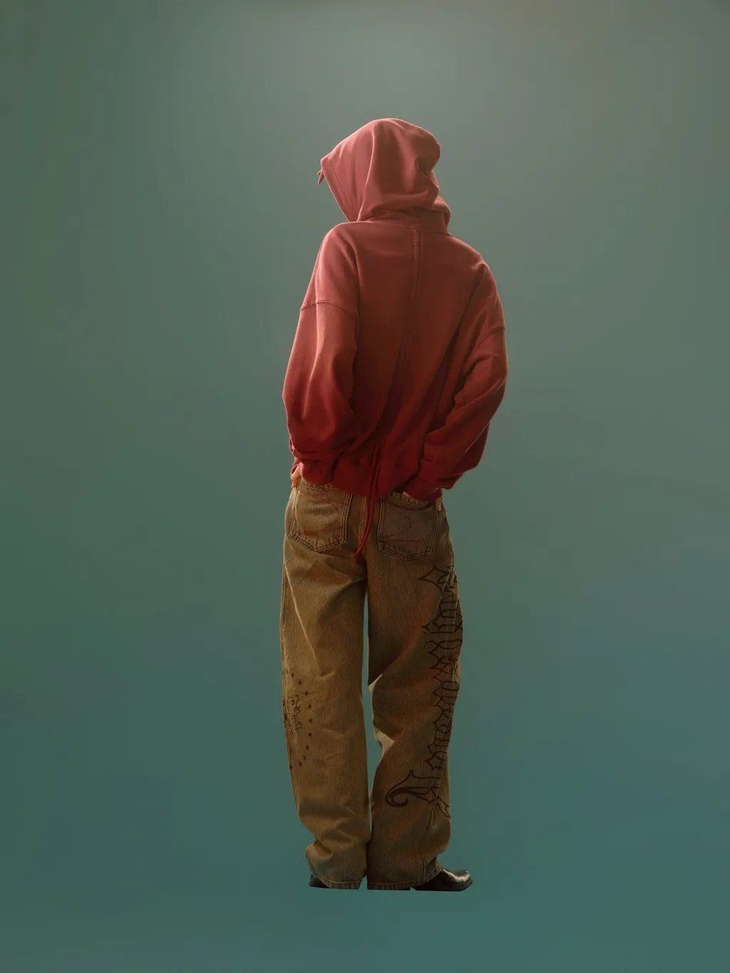 Drawstring Gradient Wash Hooded Sweatshirt / Red