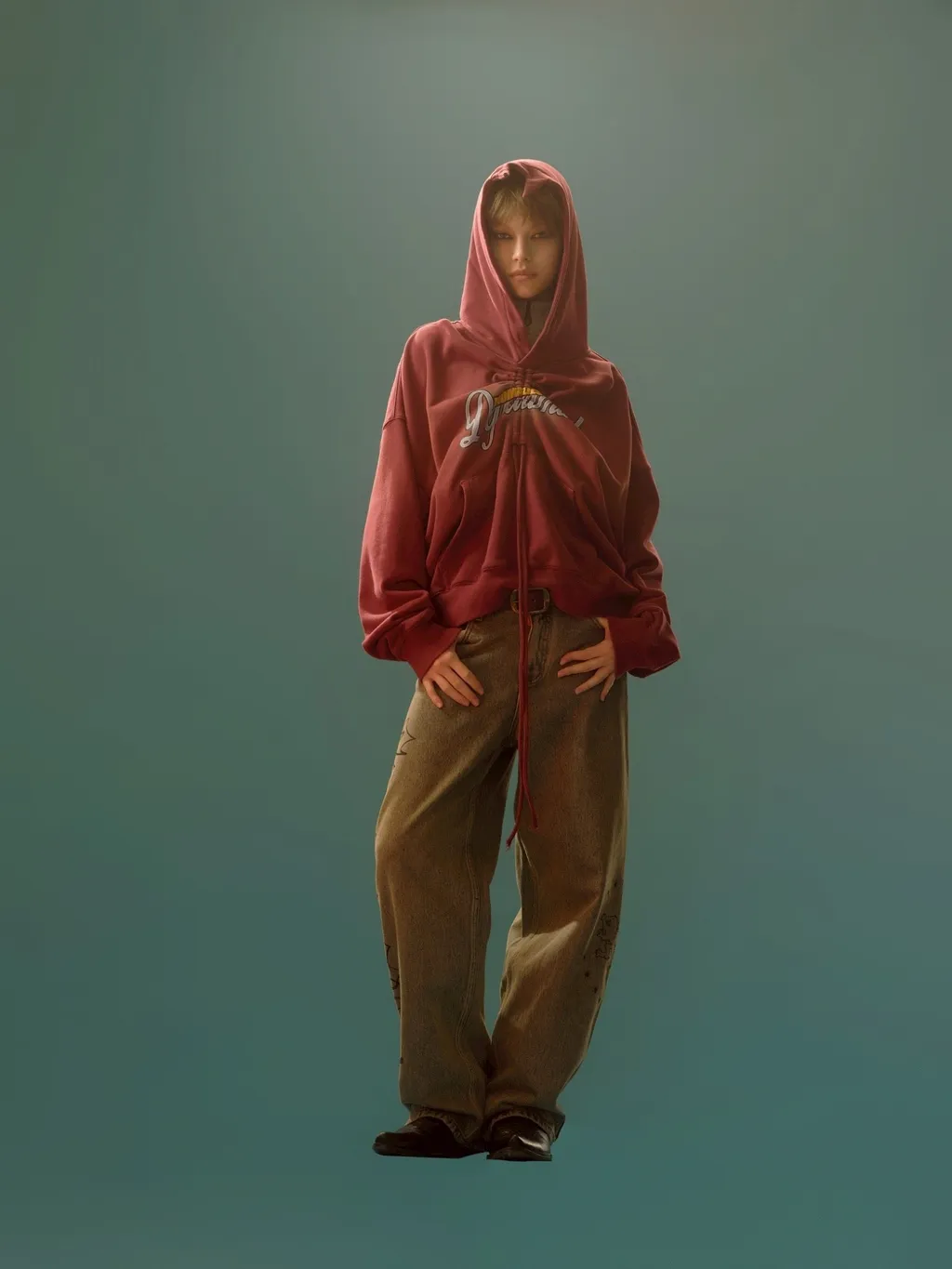 Drawstring Gradient Wash Hooded Sweatshirt / Red
