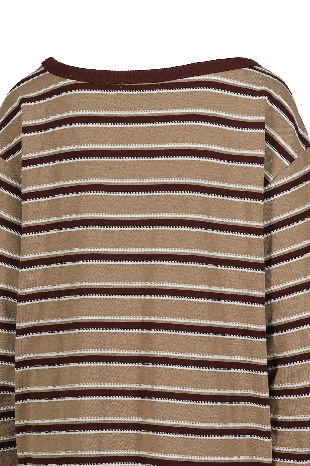 Slanted Shoulder Striped Long Sleeve T-Shirt / Kha