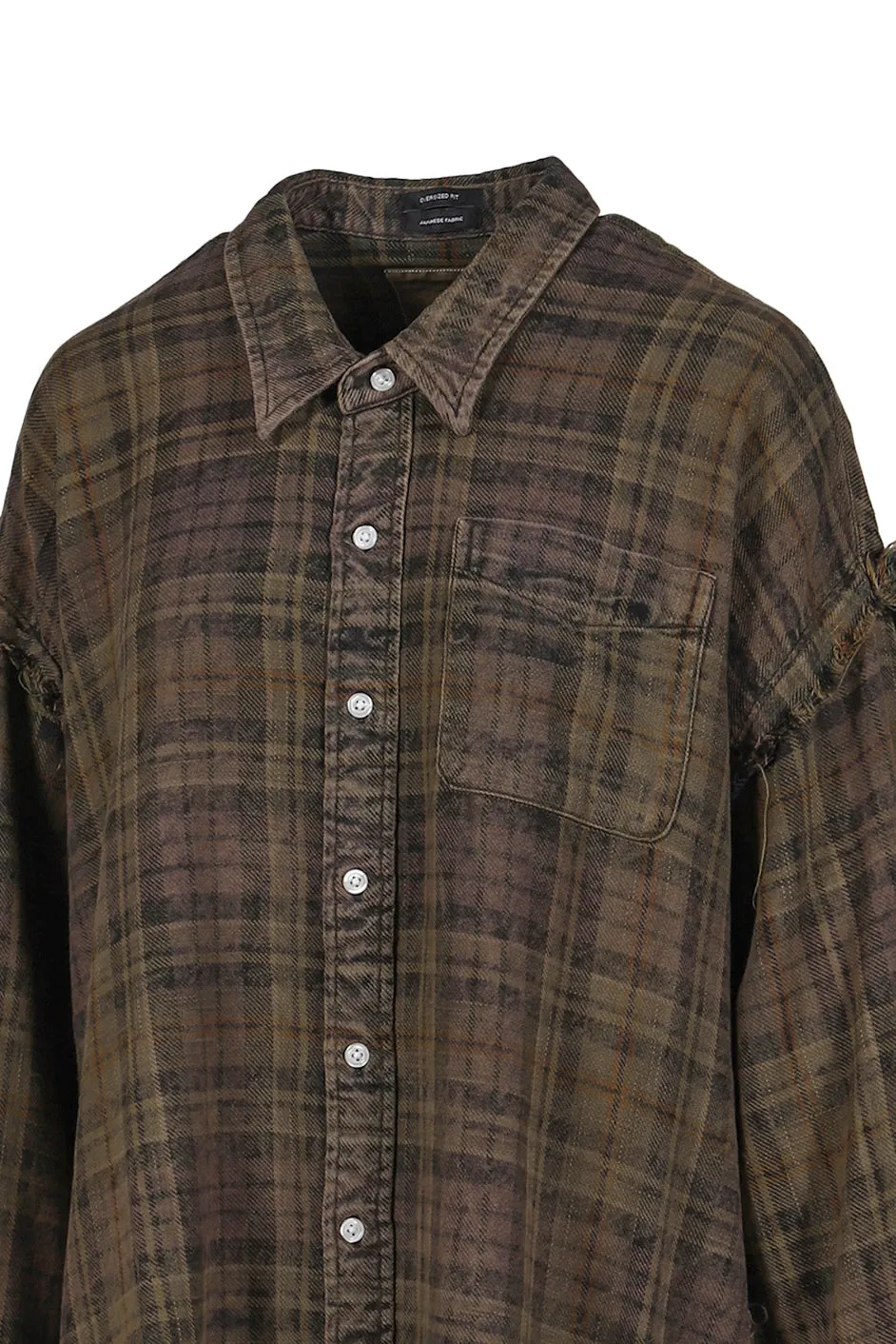 Shredded Seam Drop Neck Shirt / Teal/Nvy/Yel Plaid Brn