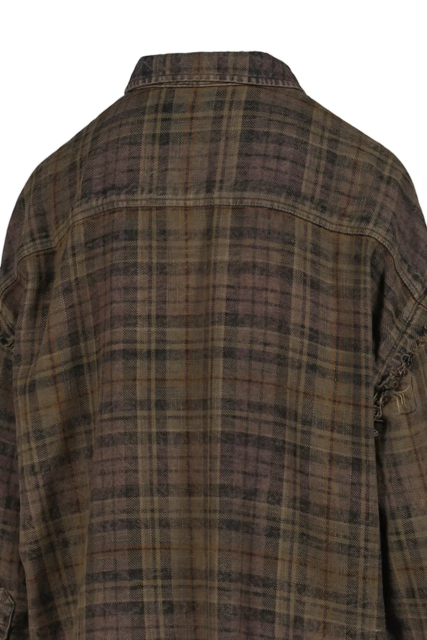 Shredded Seam Drop Neck Shirt / Teal/Nvy/Yel Plaid Brn